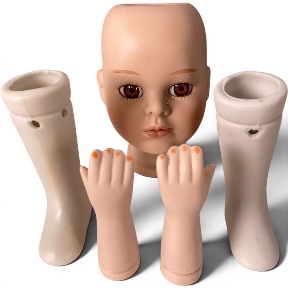 Vintage Porcelain Doll Parts Set Head Brown Eyes Hands White Boots 5pc Kit